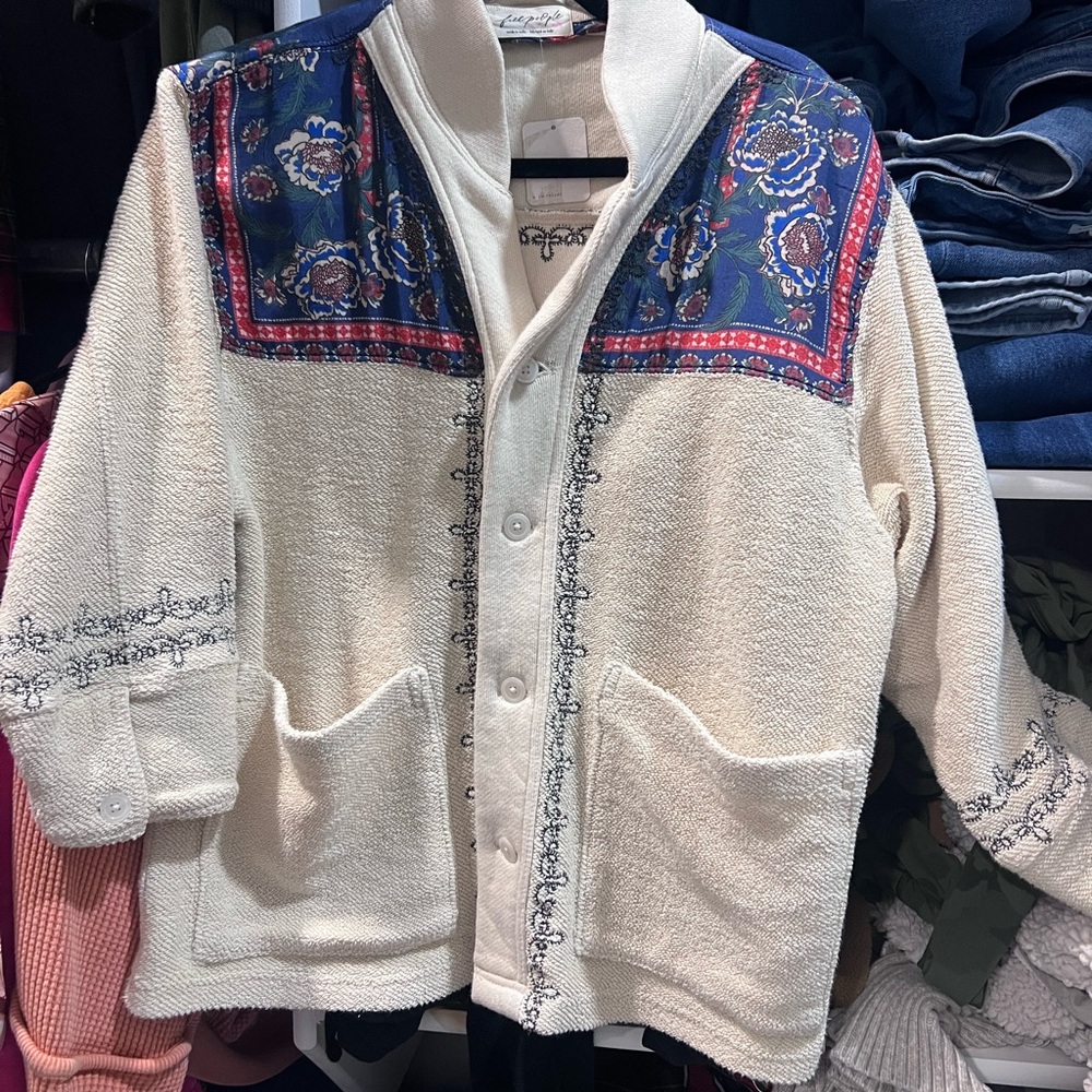 Free People Cream Knit Jacket with Floral Trim